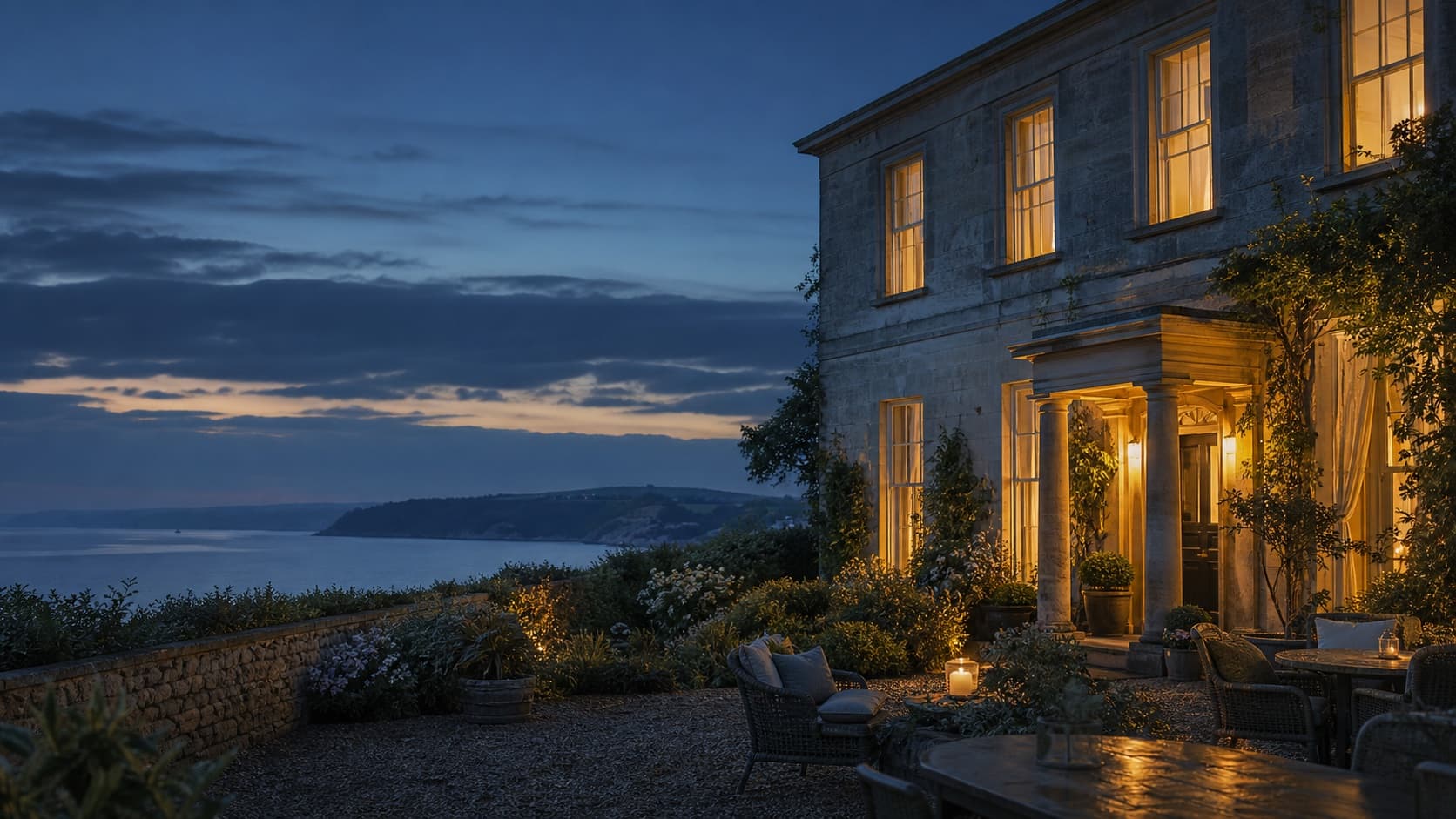 A fictional coastal hotel with warmly lit windows at dusk
